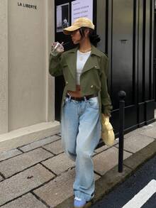 Muchica Áo khoác trench coat nữ hai hàng cúc màu mơ phong cách thời trang thường ngày cho mùa thu/đông - xanh quân đội - Xem 4