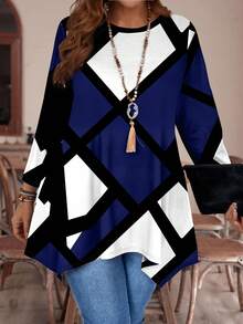 EMERY ROSE Casual Minimalist Colorblock Print Plus Size Long Sleeve Loose T-Shirt, Suitable For Autumn/Winter Fall - Multicolor - View 1