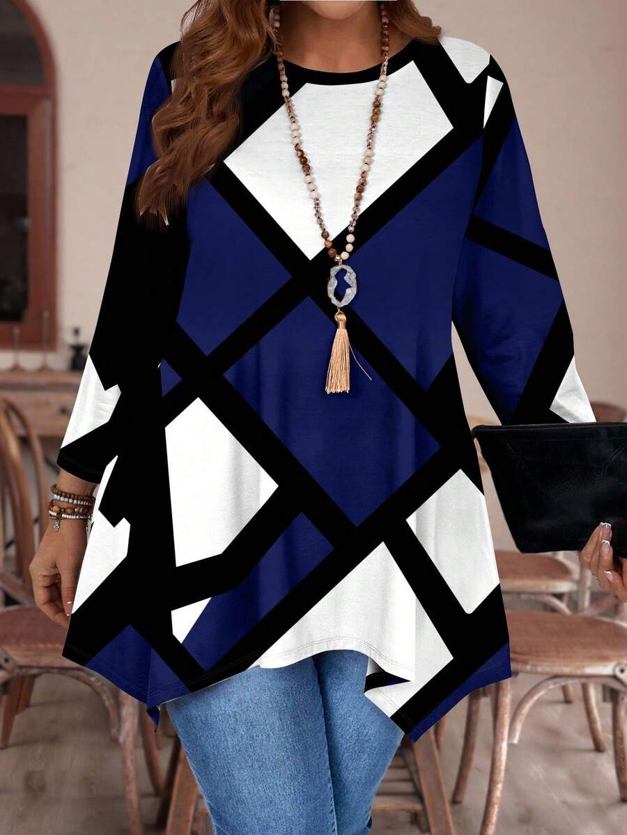 EMERY ROSE Casual Minimalist Colorblock Print Plus Size Long Sleeve Loose T-Shirt, Suitable For Autumn/Winter Fall - Multicolor - View 1