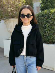 Tween Girl 超大休闲落肩连帽短款灯芯绒长袖夹克，秋冬 - 黑色 - 查看 6