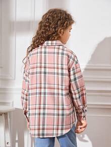 SHEIN Tween Girl Plaid Print Pocket Drop Shoulder Shirt - Multicolor - View 7