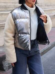 EURMUSE Metallic Puffer Vest, Shiny Down Vest, Cropped Metallic Jacket, Silver Puffer Vest, Glossy Quilted Vest, Metallic Bubble Vest, Shiny Cropped Puffer, Silver Down Vest, Metallic Padded Vest, Glossy Puffer Jacket, Chrome Quilted Vest, Reflective Puffer Vest, Shiny Silver Jacket, Metallic Sleeveless Puffer - Multicolor - View 4