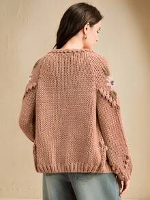 Anewsta Handmade Embroidered Thick Knit Cardigan Sweater Jacket For Women, Autumn/Winter - Coral Pink - View 2