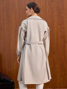 CLARA VERO Trench Coat With Wide Lapel Collar, Long Sleeves With Elastic Cuffs, Waist Tie Belt, Knee-Length, Classic And Stylish Design - Beige - View 2