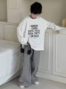 DAZY 青少年男孩标语印花长袖上衣和格子裤睡衣套装 - 黑與白 - 查看 6