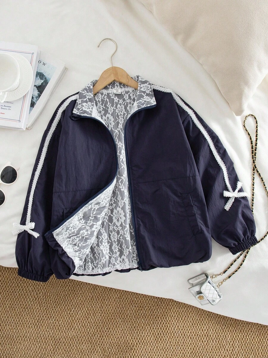 Genkimix Kids Tween Girl Fashion Minimalist Contrast Color Lace Lining Stand Collar Zip-Up Jacket, Cool Girl Autumn/Winter - Royal Blue - View 1