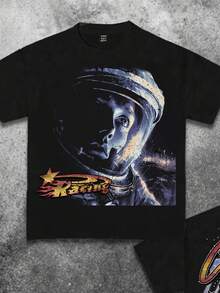 SHEIN Espacio, Universo, Colección elegida por niños, Básico de todos los días, Niños felices, Colores pastel para niños, Estilo biker, Viaje en familia, Días felices, Amo a mamá, Amo a papá, Hogar encantador, Niños geniales, Camiseta de manga corta y cuello redondo minimalista casual para niños preadolescentes, Adecuada para el verano - Negro - Ver 2