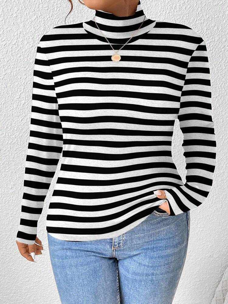SHEIN Frenchy Ngày Nhà giáo, Lễ hội âm nhạc, Halloween, Áo thun cổ cao dệt kim kẻ sọc đen trắng tương phản mặc trong mùa thu đông, thích hợp mặc vào mùa thu đông - Nhiều màu - Xem 3