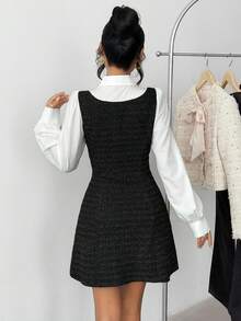 SHEIN Váy 2 trong 1 cổ bẻ tay đèn lồng màu đen trắng thanh lịch cho bé gái tuổi teen, mùa thu, trở lại trường, váy mùa thu, trang phục, váy dài tay màu trắng - màu đen - Xem 3