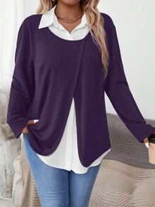 Plus Size Casual Color Block Patchwork Shirt