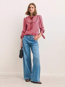 Nöista 条纹衬衫，采用醒目的袖子和系带领设计。适合返校季或职场女性。专业又不失俏皮——提升你的商务休闲或工作风格 - 玫瑰紅 - 查看 8