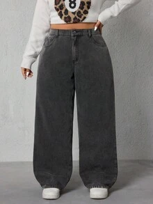 SHEIN ICON 大码女式高腰口袋阔腿宽松休闲牛仔裤 - 灰色 - 查看 1