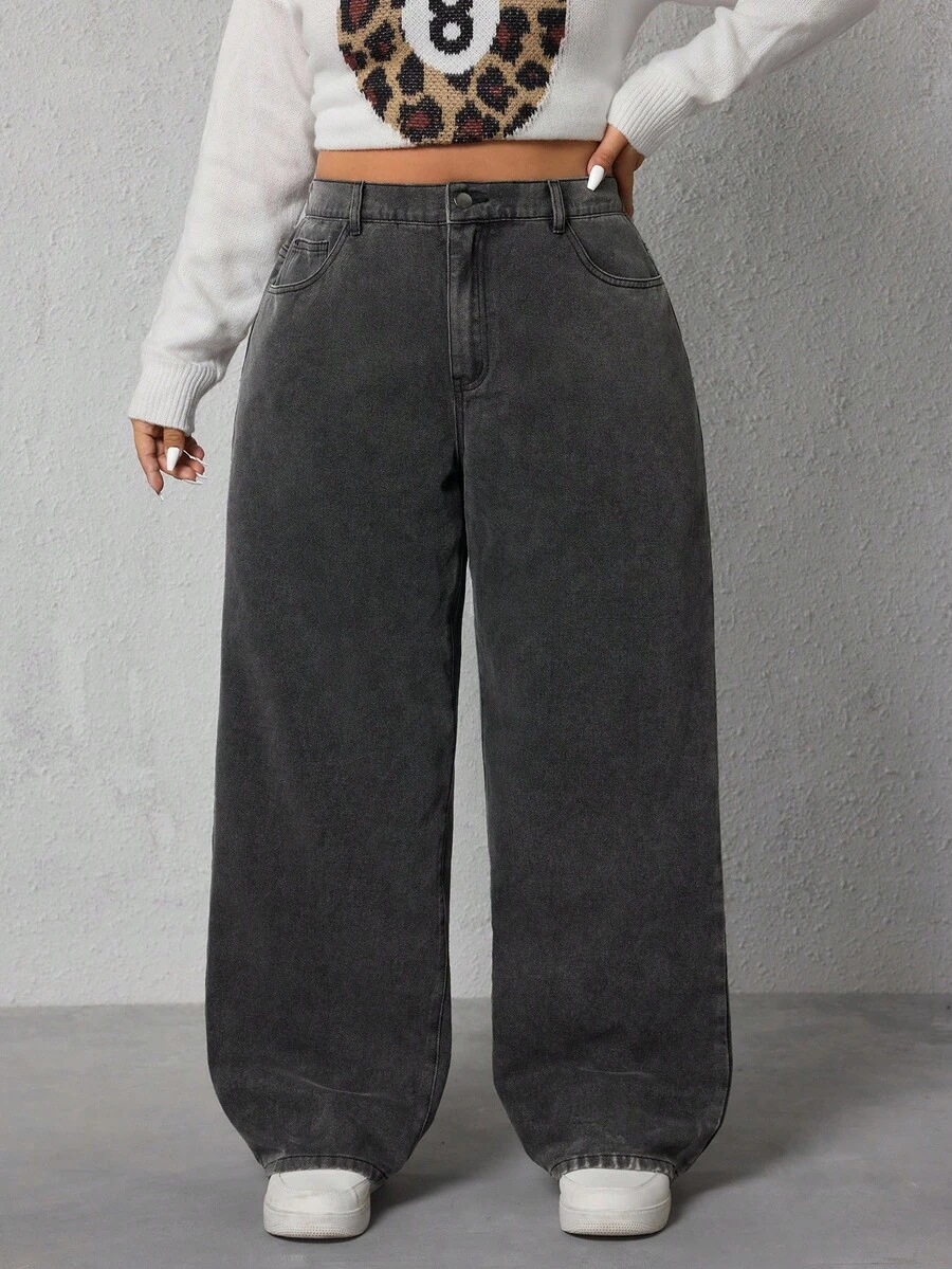 SHEIN ICON 大码女式高腰口袋阔腿宽松休闲牛仔裤 - 灰色 - 查看 1