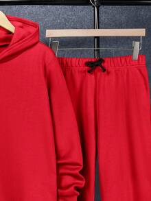 SHEIN 2pcs/Set Teen Boys Casual Versatile Comfortable Hooded Solid Color Embroidered Sweatshirt And Pants Set, Suitable For Party, School, Outings, Autumn/Winter - Red - View 4