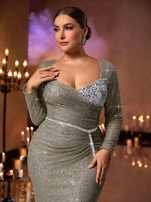Glamrae Elegantes luxuriöses Kleid in Große Größen mit Pailletten, Tüll und gerafftem Meerjungfrauensaum, geeignet für Hochzeiten, Partys, Urlaub, Galas und formelle Anlässe (starke Verzierung)