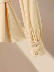 SHEIN Franclia Women's Elegant Delicate Gentle Puff Sleeve Splicing Faux Waist Decor A-Line Velvet Long Sleeve Blouse, Autumn/Winter - Apricot - View 6