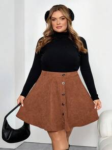 SHEIN CURVE+ Chân váy chữ A tối giản màu trơn cỡ lớn cài nút phía trước, mặc thường ngày - màu nâu - Xem 6