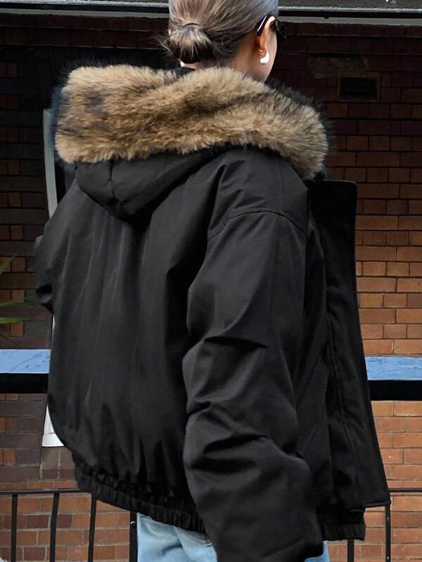 DAZY Women's Padded Coat, Feather Patchwork Hooded, Lantern Sleeve, Loose Solid Color, Drawstring Hem, Thermal Lined, Thick Coat Jacket Winter