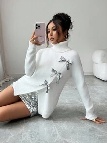 Elenzga Damen eleganter Pullover, Langarm, Schleifendekor, weich und bequem, geeignet für den Alltag, Herbst/Winter - Weiss - Übersicht 5