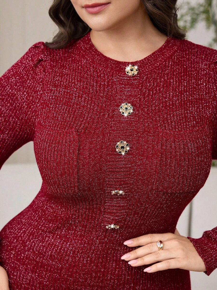 Modelyn Vestido de punto elegante y entallado de talla grande para ir al trabajo, ropa de otoño e invierno para mujeres - Burdeos - Ver 1