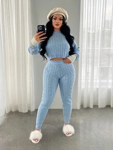 SHEIN SXY 女款休閒學院風水藍色拼接刺繡長袖上衣與內搭褲套裝，秋冬居家旅行毛衣套裝 - 藍白色 - 查看 5