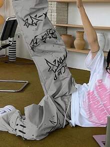 INAWLY 女士抽绳腰部字母五角星印花阔腿宽松休闲宽松长裤 - 灰色 - 查看 7