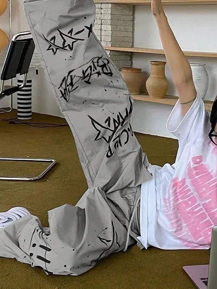 INAWLY 女士抽绳腰部字母五角星印花阔腿宽松休闲宽松长裤 - 灰色 - 查看 7