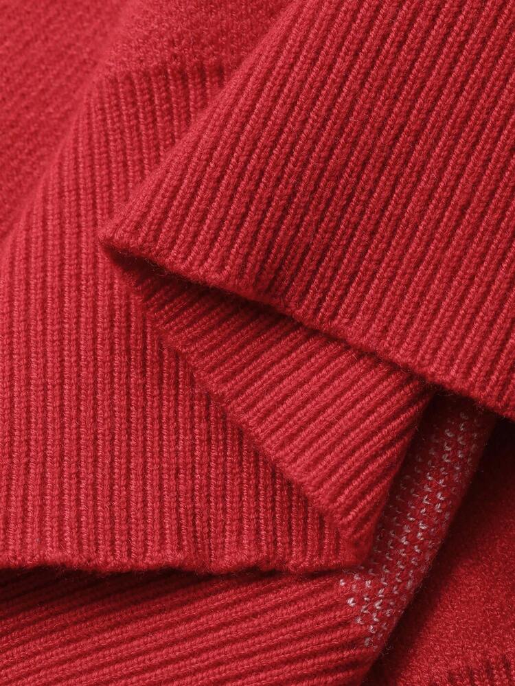Dazy Plus Plus Size Women Loose Fit Crew Neck Pullover Sweater With Teddy Bear Jacquard, Bow Decor, Burgundy, Casual For Christmas & New Year Fall/Winter