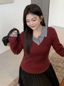 Dazy Plus 圣诞节和新年拼色衬衫领二合一休闲大码女式刺绣图案时尚秋季套头毛衣 - 紅色 - 查看 5