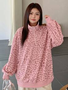 Dazy Plus Sudadera holgada con cremallera y estampado de leopardo para mujer de talla grande, estilo callejero para otoño/invierno