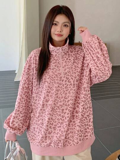 Dazy Plus 大码女式拉链豹纹宽松套头衫，街头风格秋冬