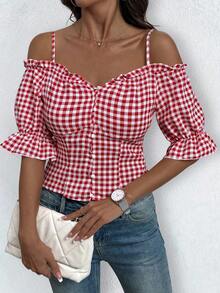 INAWLY Women's Summer Plaid Button Ruffle Ruffle Casual Blouse Women Shirt - Red - View 7