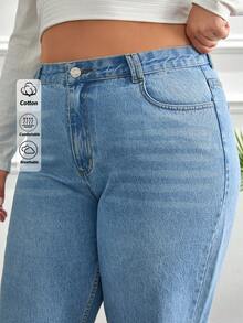 SHEIN Cottnline 100%Cotton Plus Size Water Washed Mom Style Jeans Mom Jeans - Medium Wash - View 1