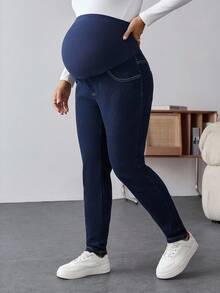 SHEIN Maternity Navy Blue Skinny Jeans For Pregnant Women,Thermal Lined Over The Bump Denim With Stretchy Belly Panel,Smart Casual Autumn Winter Streetwear - Blue - View 7