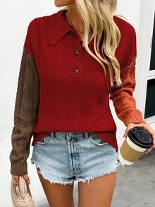 SHEIN LUNE Suéter de punto texturizado con contraste de color y medio botón LUNE - Rojo - Ver 3