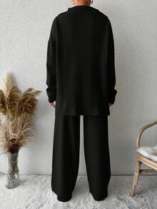 EURMUSE Drop Shoulder Zipper Half Placket Knit Sweater And Knitted Pants Two Piece Set - Black - View 2