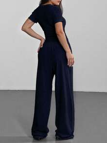 SHEIN EZwear 2 Pieces Spring/Summer Plus Size Women Casual Embroidered Logo Gray Set,Back To School - Navy Blue - View 2