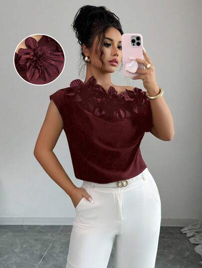 Elenzga Women's Elegant Commuter Asymmetric Collar Shirt With 3D Floral Decor, Summer