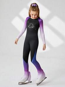 SHEIN Tween Girls Figure Skating Outfit, Snug Fit Purple Ombre Sparkly Rhinestone Ice Skating Costume Set, Professional Ice Skating Sportswear Fall Winter - Multicolor - View 4