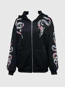 ROMWE Gothic Style Snake & Floral Print Women Hoodie With Thermal Lining - Black - View 9