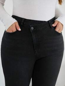 SHEIN CURVE+ Women Plus Black Autumn And Winter High Elastic Thermal Lined Asymmetrical Waist Flared Jeans,Smart Casual Everyday Chic Halloween Costumes Style - Black - View 6