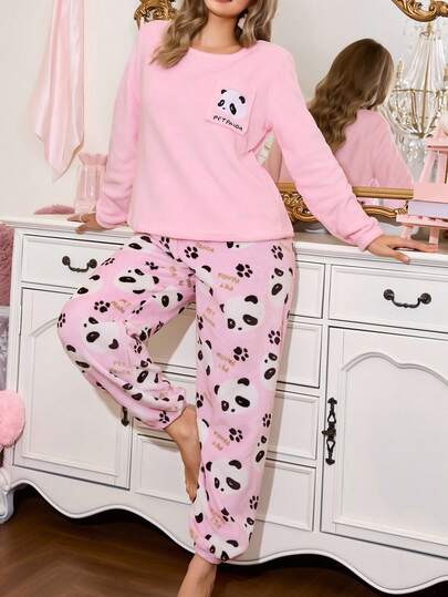 SweetSlumber 可爱熊猫印花撞色毛绒睡衣套装，女士秋冬款，蓬松睡衣