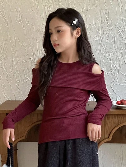 DAZY 秋季青少年女孩休闲纯色露肩长袖T恤