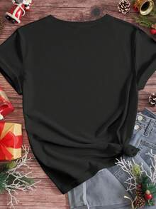 EMERY ROSE Camiseta casual plus size com estampa de Natal "Feliz" colorida - Preto - Ver 2