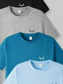 4pcs/Set Teen Boy Casual Solid Color Crew Neck Loose Knit Short Sleeve T-Shirts - Blue - View 6
