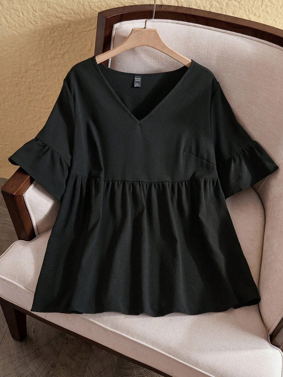 EMERY ROSE 大码夏季乡村纯色 V 领荷叶边下摆休闲衬衫，夏季 - 黑色 - 查看 1