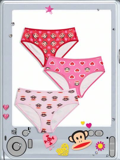 Paul Frank X ROMWE Damen 3er-Set Unterhosen mit Affen- und Herzprint, bequem