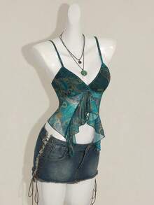 SHEIN ICON Women's Millennial Y2K Sexy Bohemian Retro Teal Paisley Print Asymmetrical Hem Ruffled V-Neck Slim Fit Camisole - Black - View 7