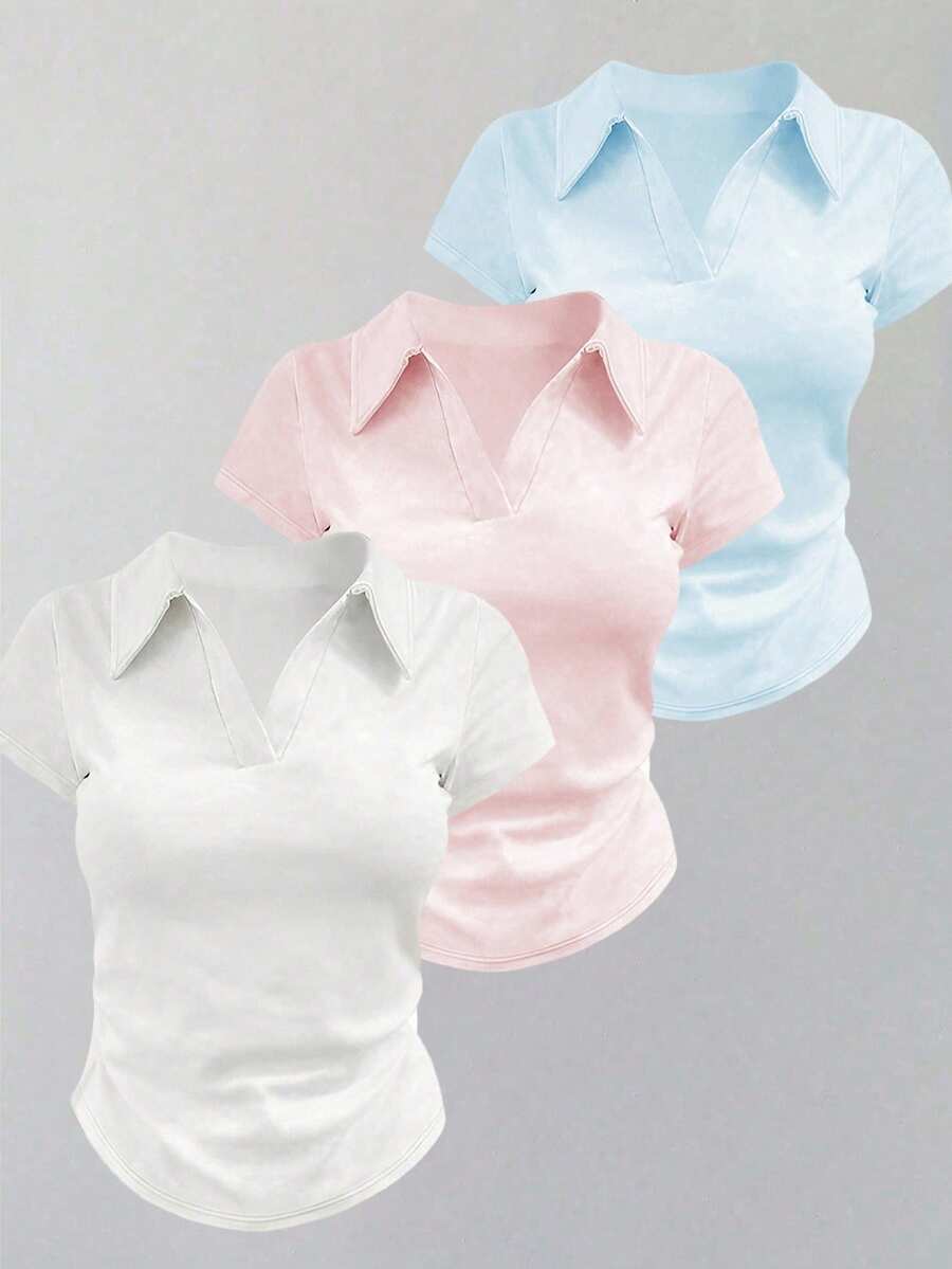 INAWLY Áo thun tay ngắn tối giản màu trơn dành cho nữ, mặc thường ngày - Màu xanh hải quân - Xem 1