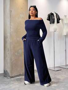 SHEIN EZwear 2 件装海军蓝长袖 T 恤和裤子加大码修身针织套装女款